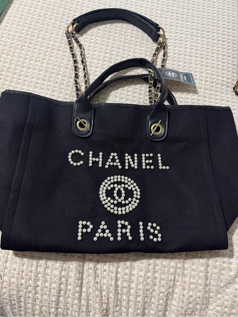Dup Chanel Black Pearl-Embellished Canvas Tote
